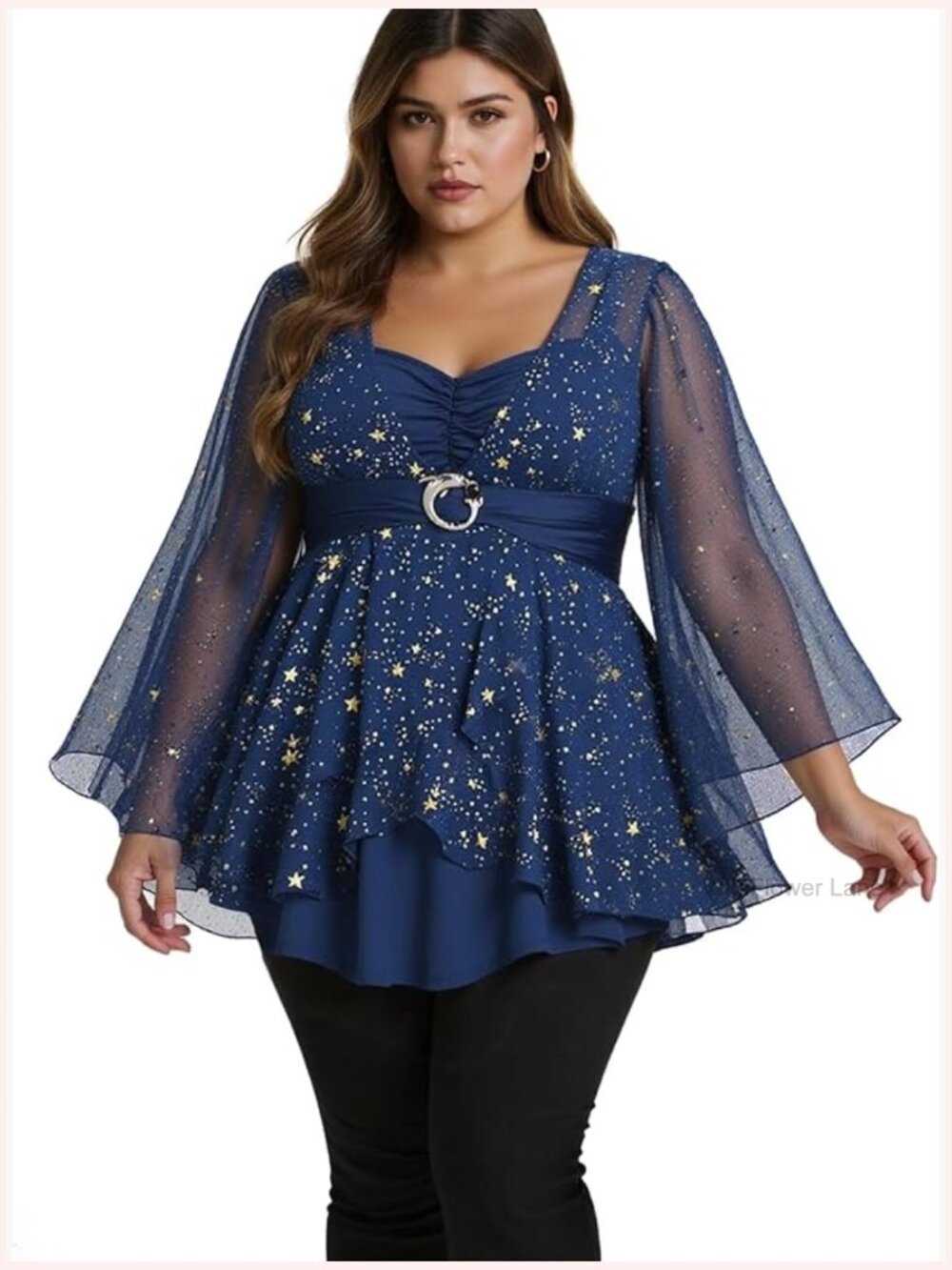 Plus Size Sparkly Gold Stars Bell Sleeve Flow Blouse Top